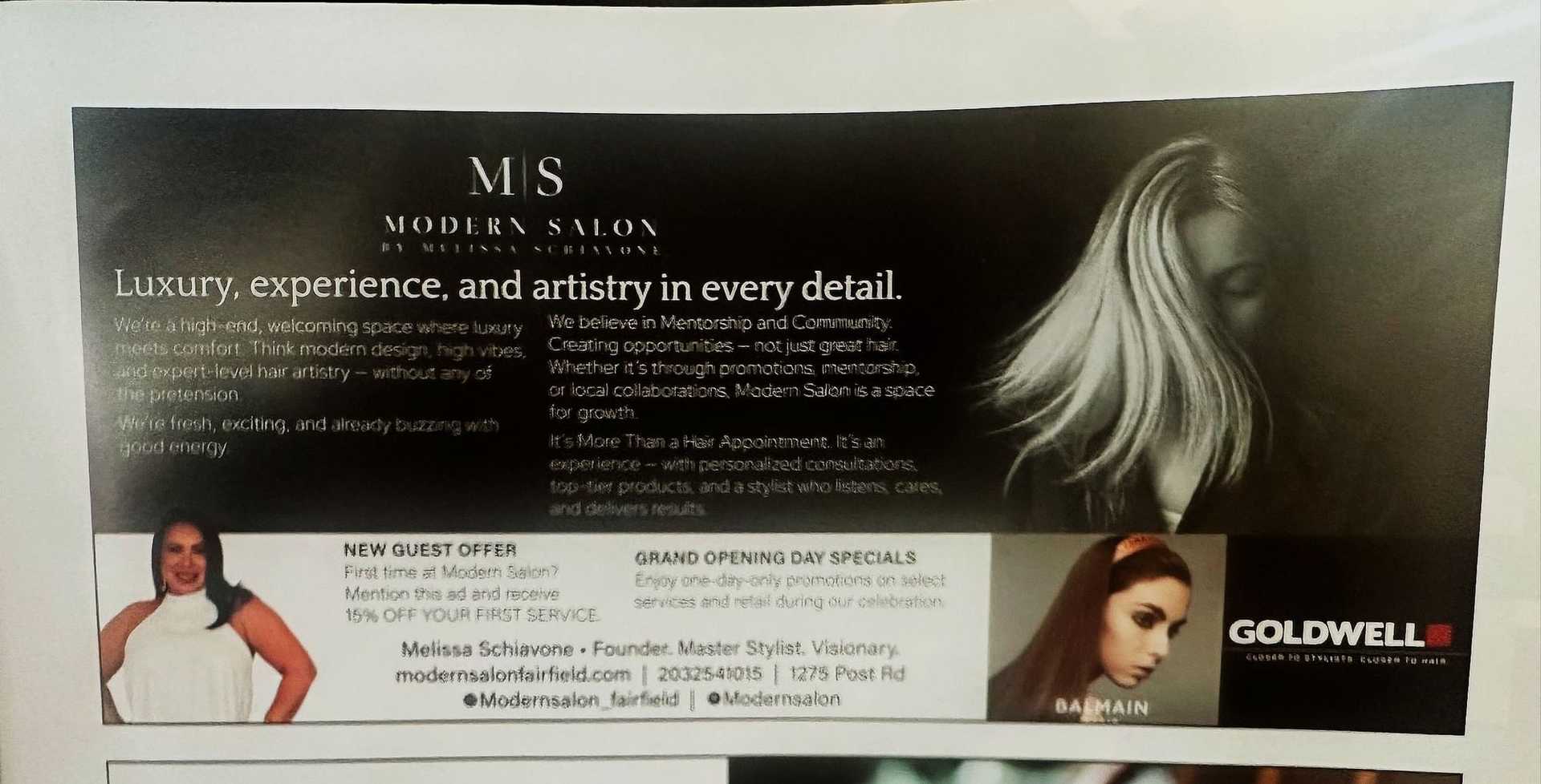 Modern Salon ad: Luxury hair services, specials, and events with creative community focus.