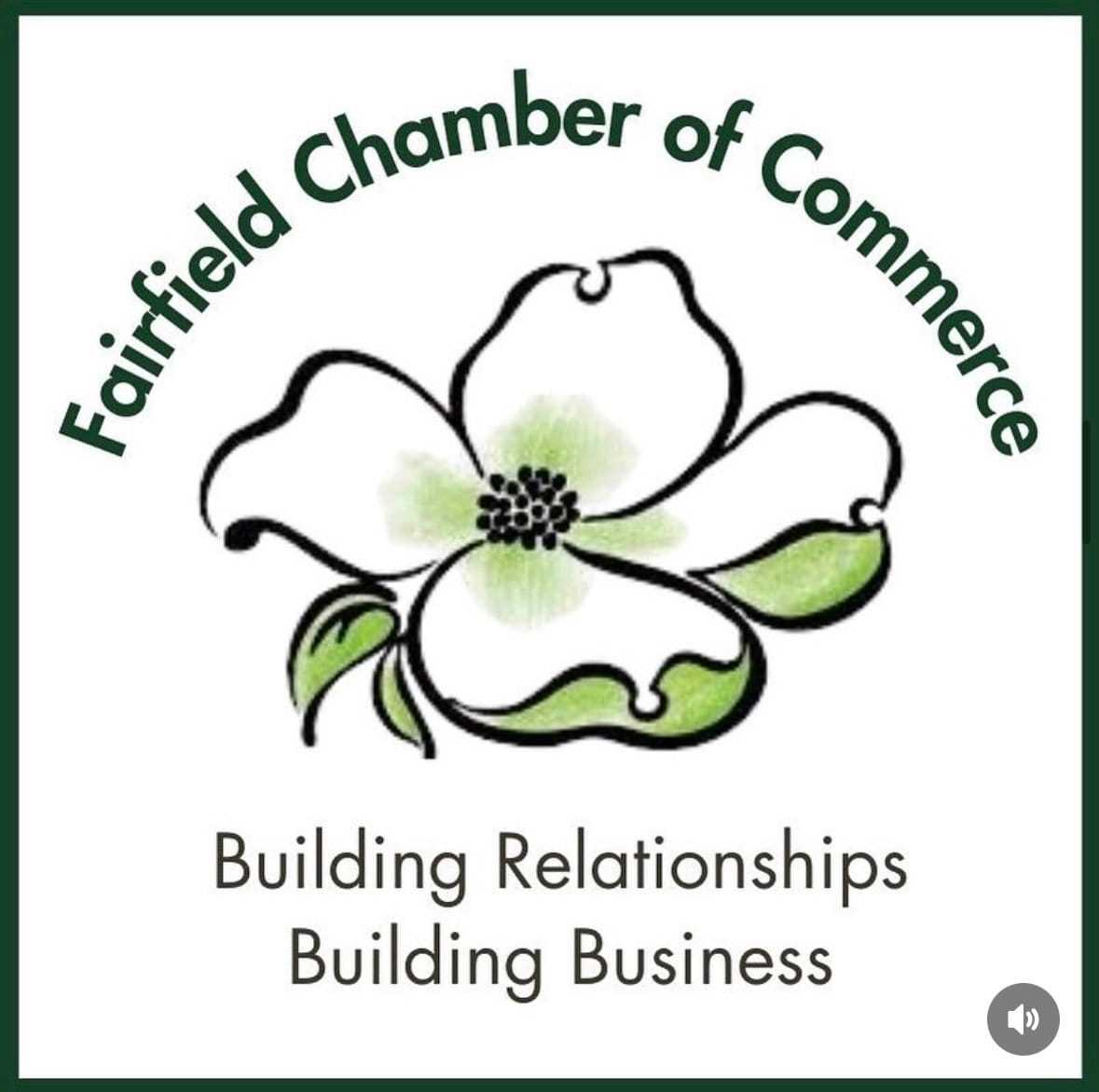 Fairfield Chamber logo with a green and white flower, emphasizes relationships and business.