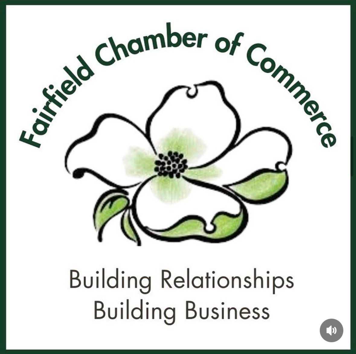 Fairfield Chamber logo with a green and white flower, emphasizes relationships and business.