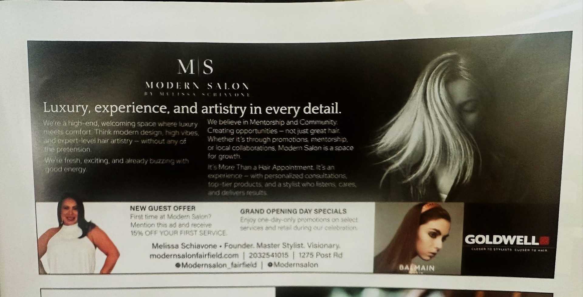 Modern Salon ad: Luxury hair services, specials, and events with creative community focus.