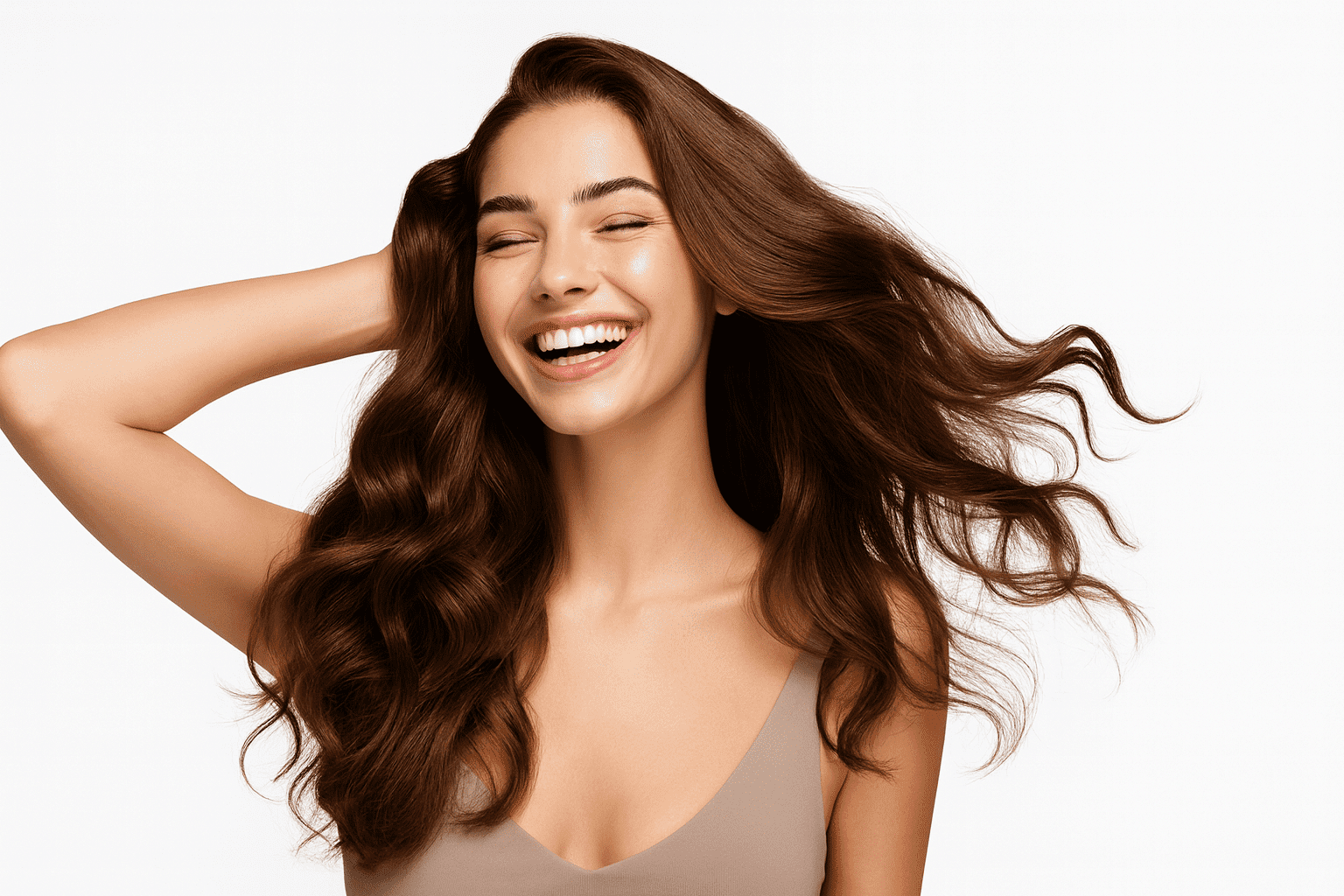 Smiling woman with long, flowing brown hair against a white background.