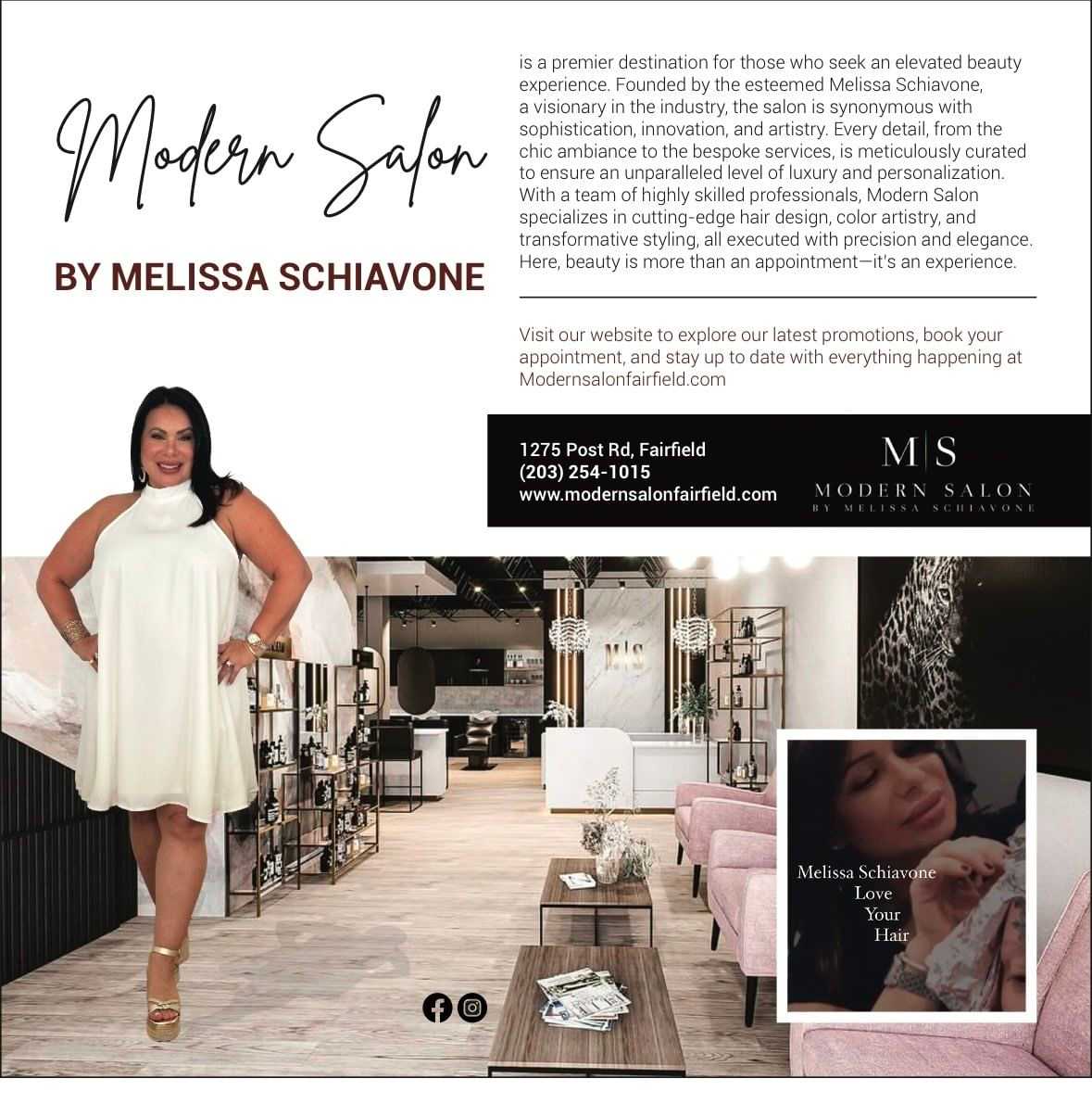 Modern Salon ad with woman in black dress, hair services info, and contact details.